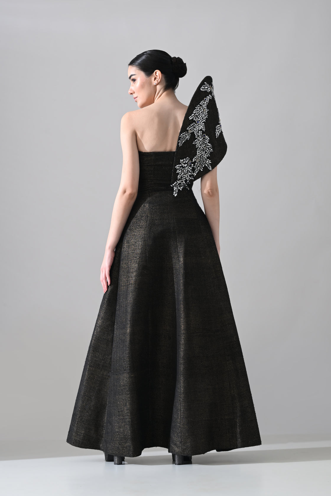 Black Sculpted Gown with Cascading Asymterical Handwork
