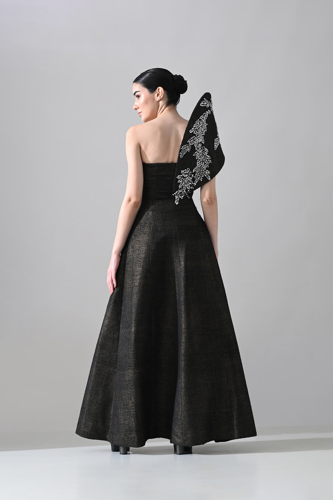 Black Sculpted Gown With Cascading Asymterical Crystal Handwork