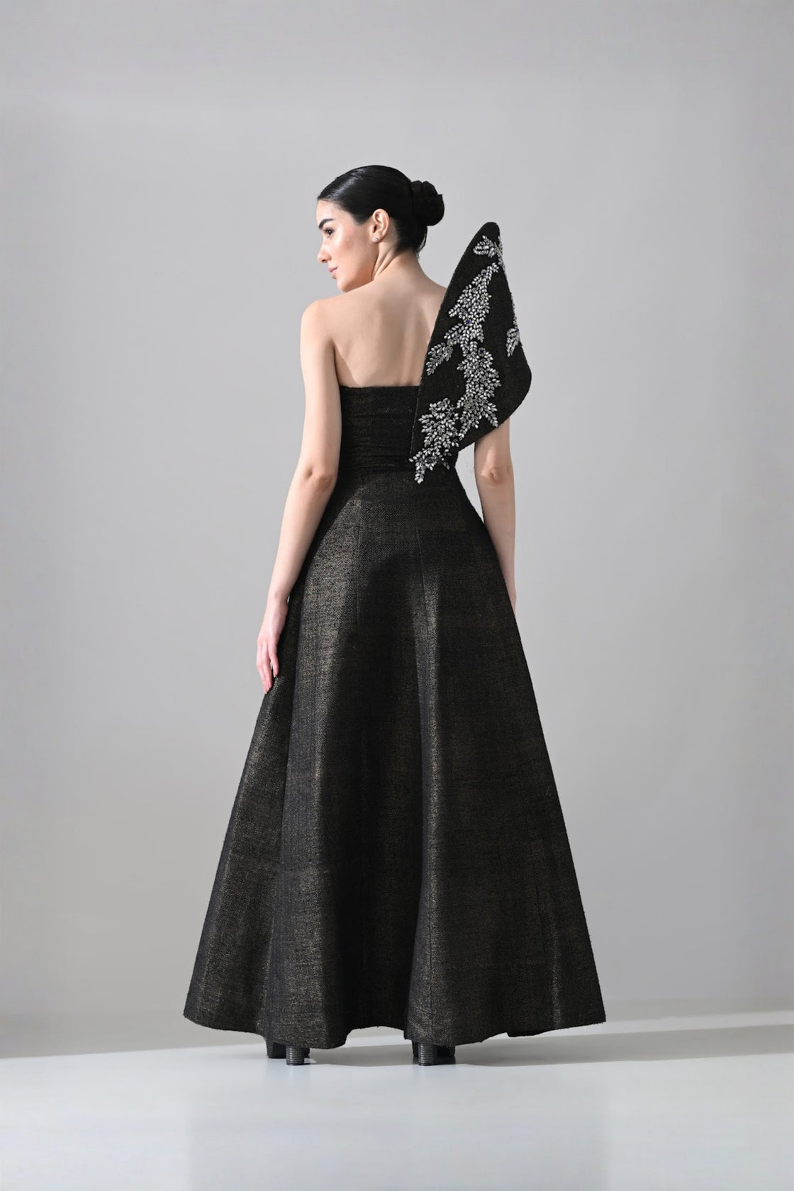 Black Sculpted Gown With Cascading Asymterical Crystal Handwork