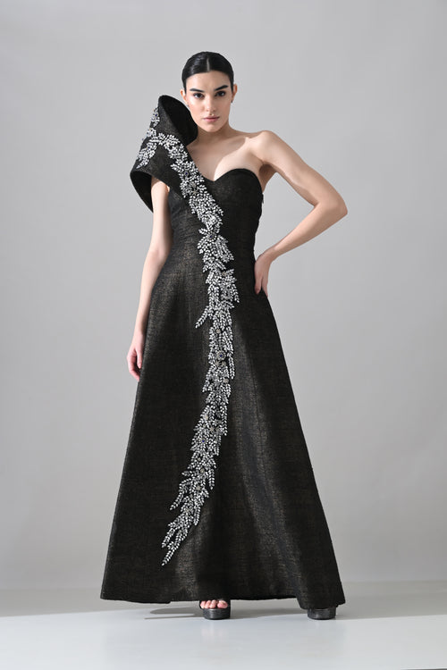 Black Sculpted Gown with Cascading Asymterical Handwork
