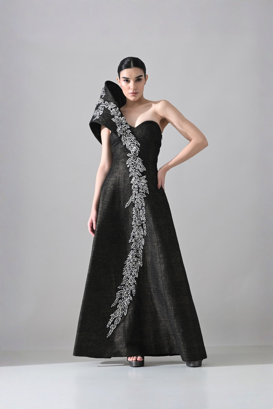 Black Sculpted Gown With Cascading Asymterical Crystal Handwork