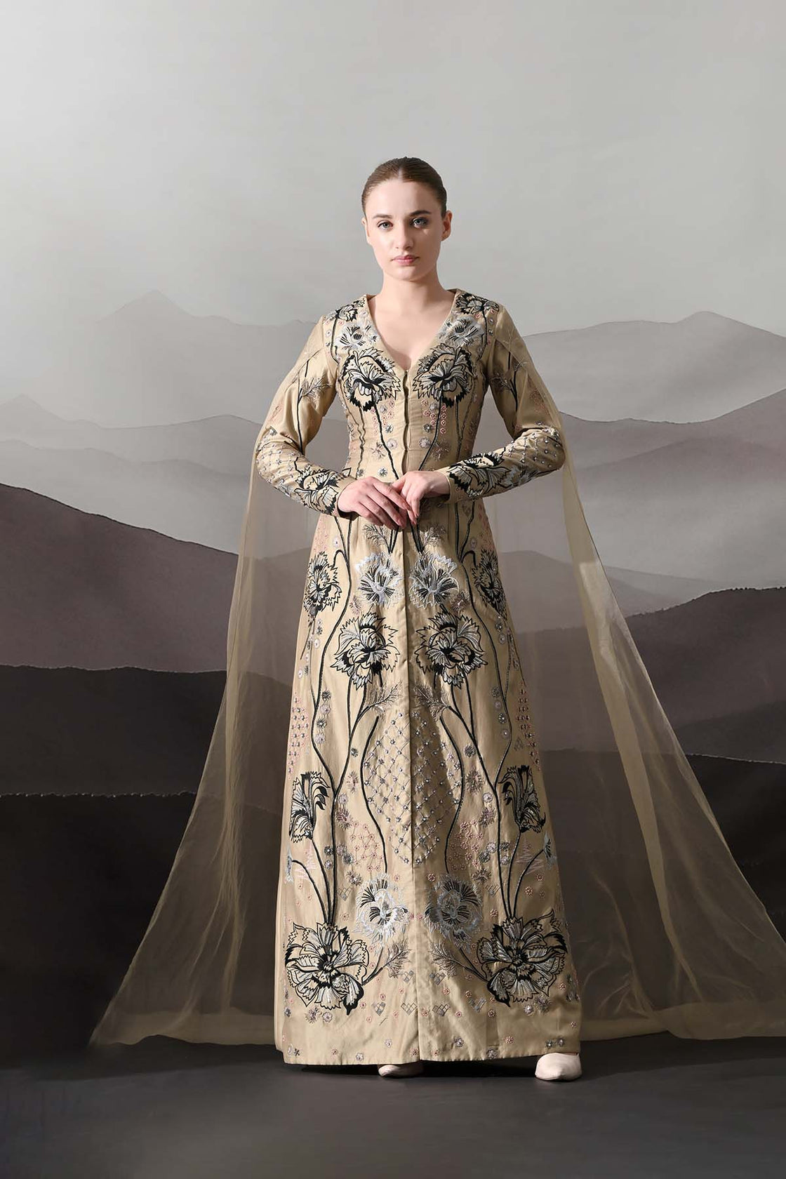 Peach Gown Featuring All-Over Floral Artwork