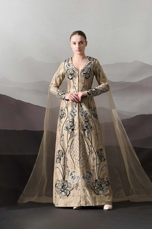 Peach Gown Featuring All-Over Floral Artwork