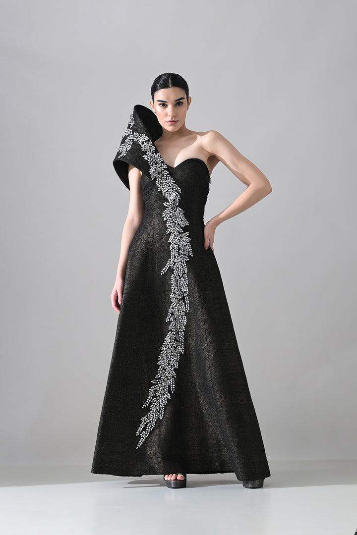 Black Sculpted Gown With Cascading Asymterical Crystal Handwork
