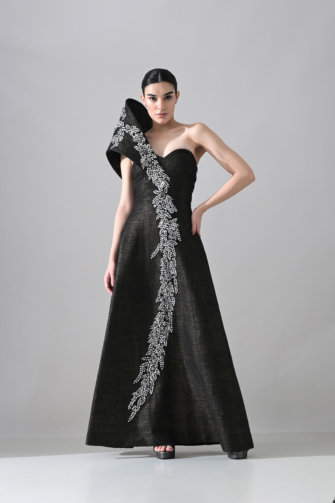 Black Sculpted Gown With Cascading Asymterical Crystal Handwork