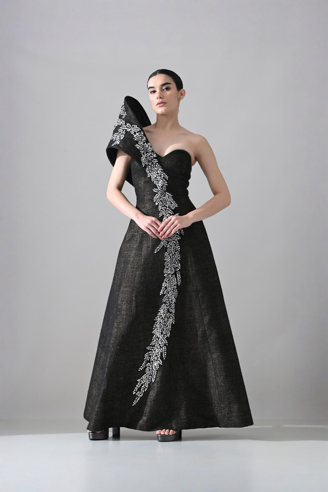 Black Sculpted Gown With Cascading Asymterical Crystal Handwork