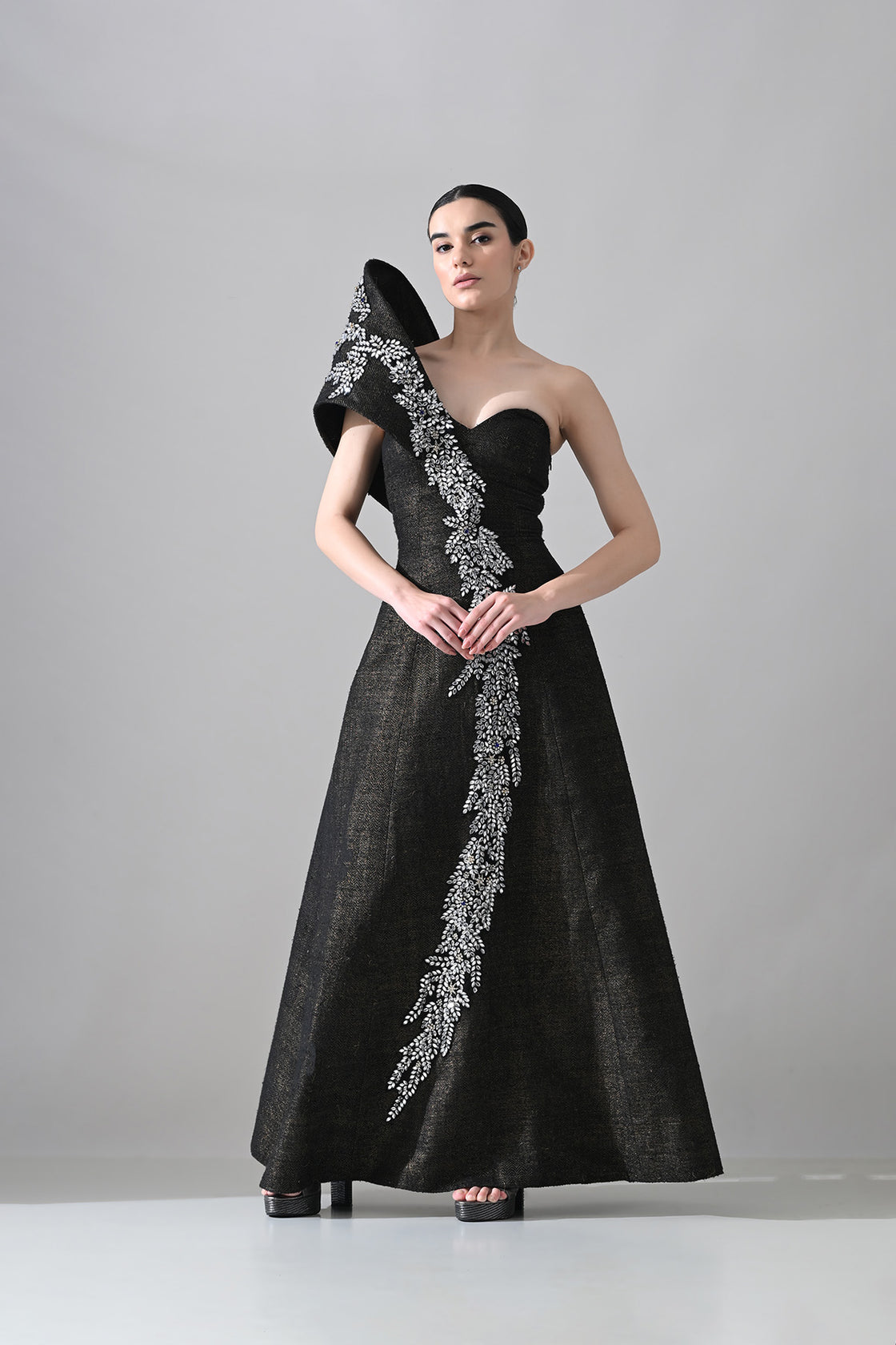 Black Sculpted Gown With Cascading Asymterical Crystal Handwork