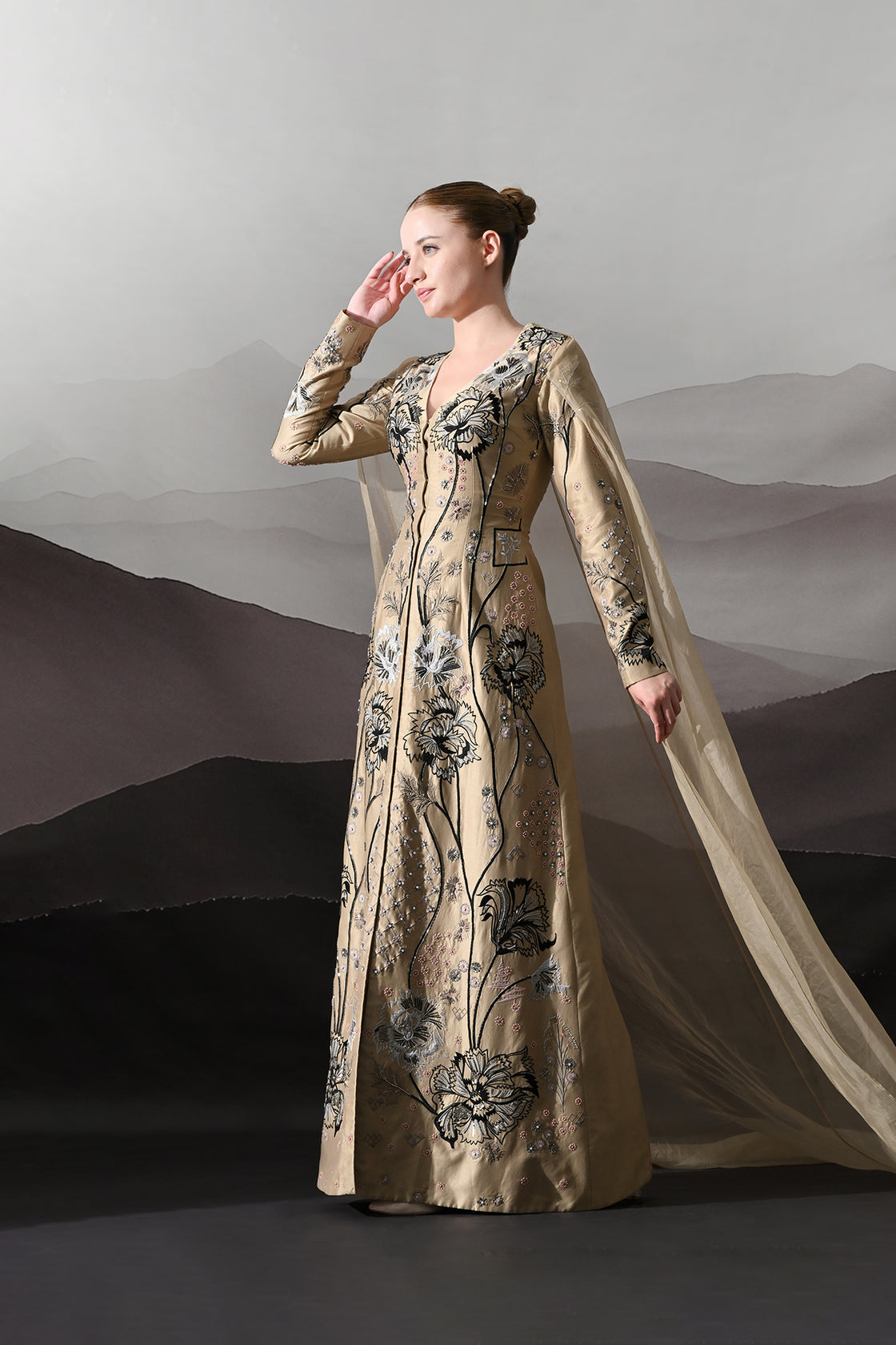 Peach Gown Featuring All-Over Floral Artwork