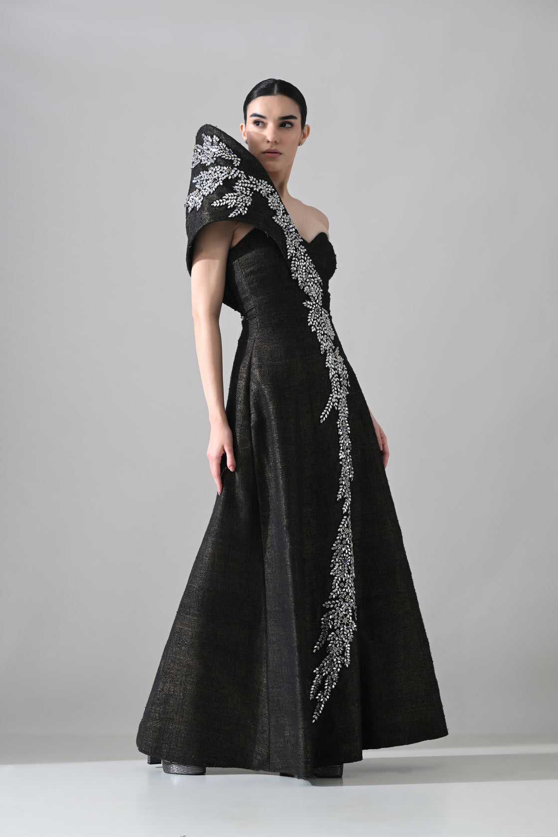 Black Sculpted Gown with Cascading Asymterical Handwork