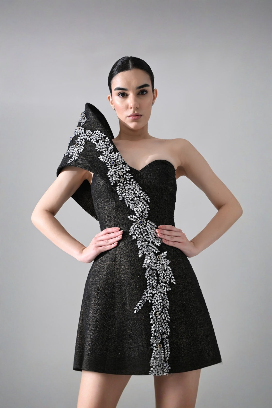Black Sculpted Gown With Cascading Asymterical Crystal Handwork