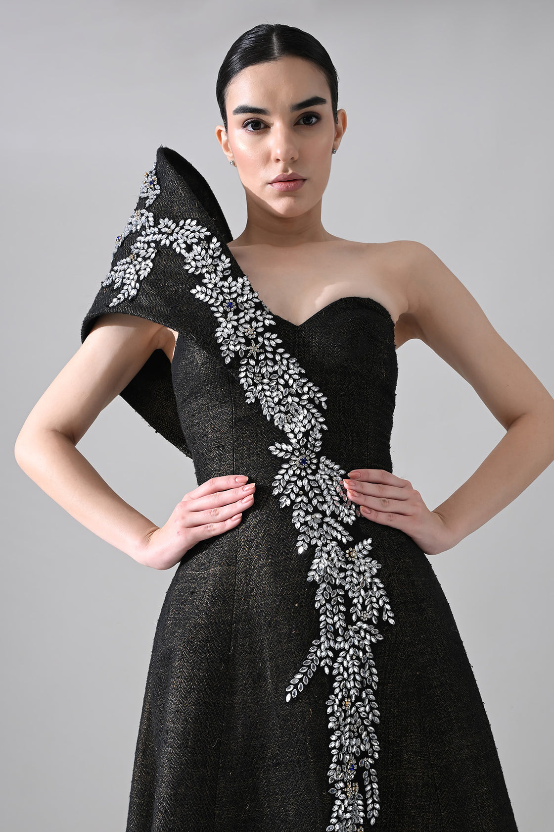 Black Sculpted Gown With Cascading Asymterical Crystal Handwork