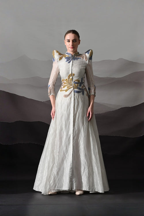 White Gown With Artisanal Floral Embroidery And Structured Silhouette