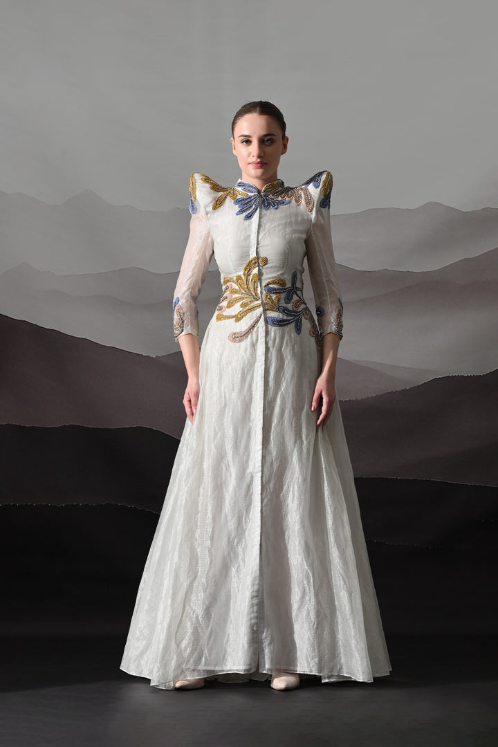 White Gown With Artisanal Floral Embroidery And Structured Silhouette