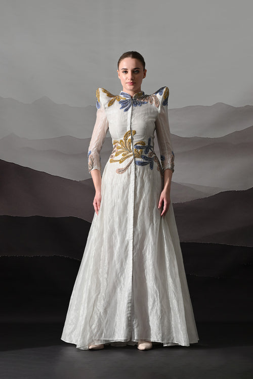 White Gown With Artisanal Floral Embroidery And Structured Silhouette