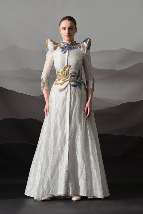 White Gown with Artisanal Floral Embroidery and Structured Silhouette