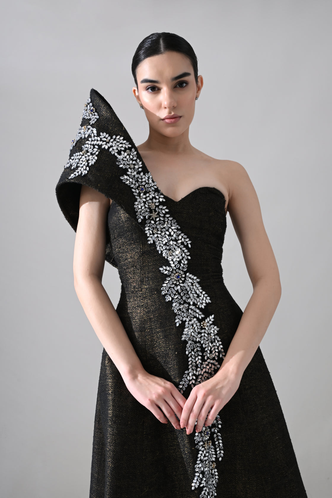 Black Sculpted Gown with Cascading Asymterical Handwork