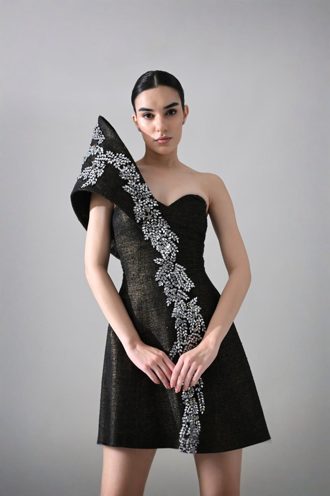 Black Sculpted Gown With Cascading Asymterical Crystal Handwork