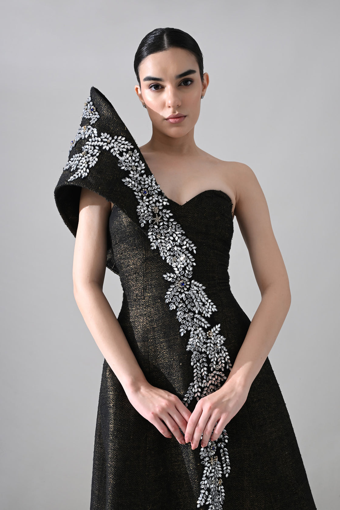 Black Sculpted Gown With Cascading Asymterical Crystal Handwork