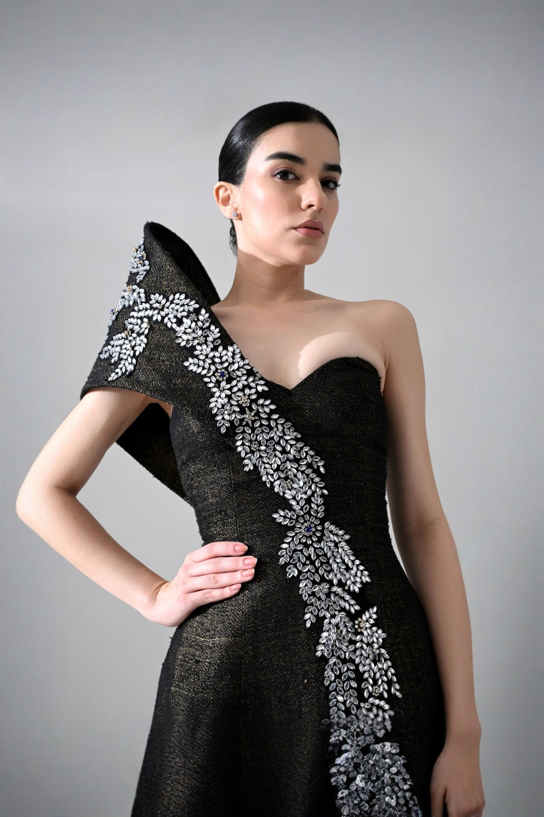 Black Sculpted Gown With Cascading Asymterical Crystal Handwork