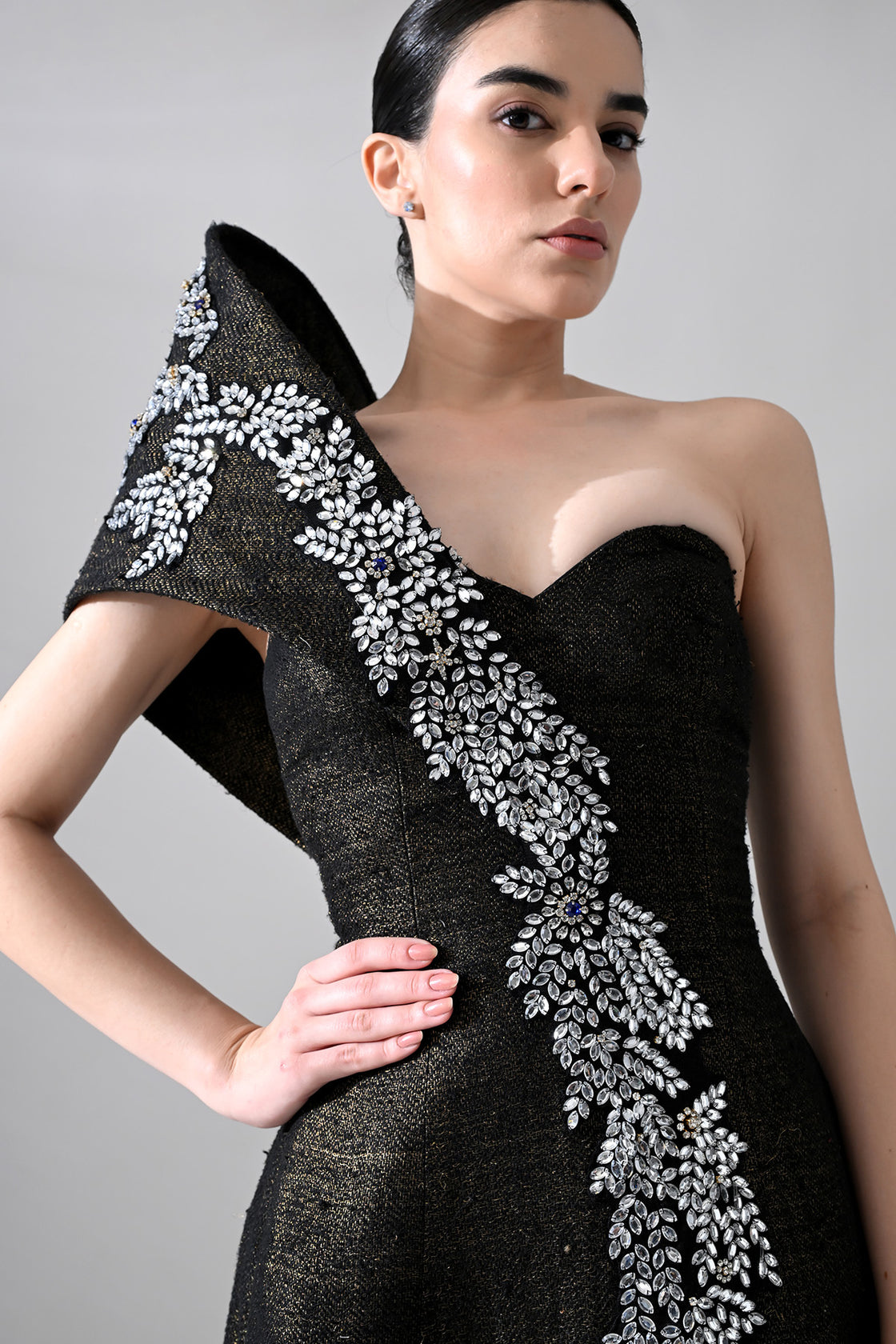 Black Sculpted Gown With Cascading Asymterical Crystal Handwork