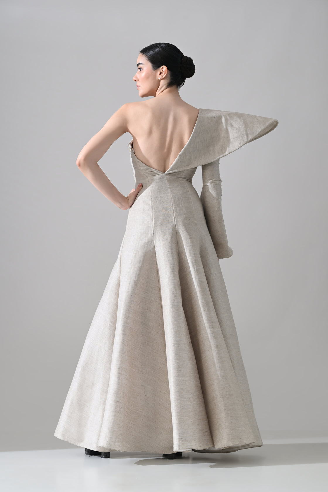 One-Shoulder Architectural Gown with Crystal Detailing