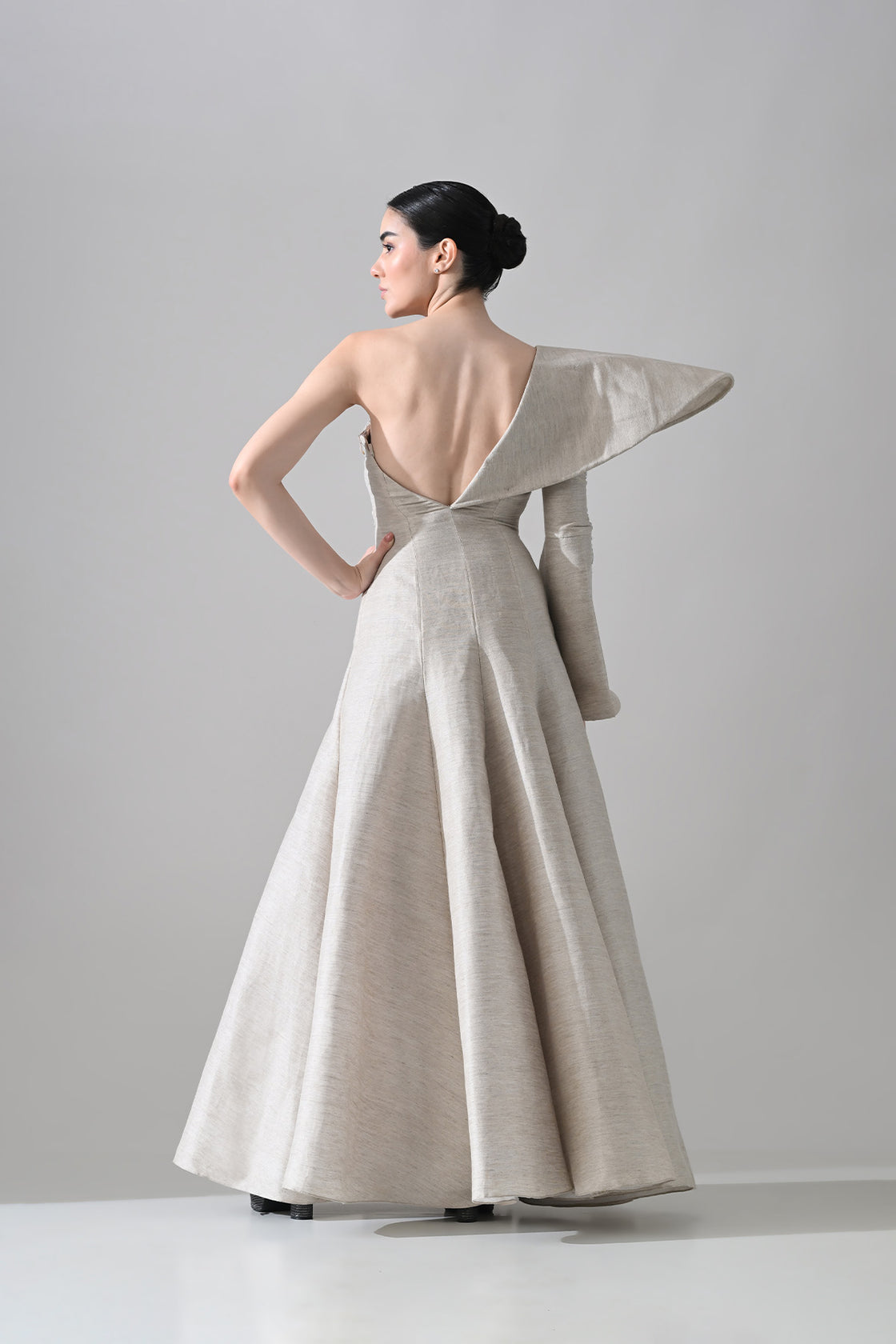 One-Shoulder Architectural Gown With Crystal Detailing
