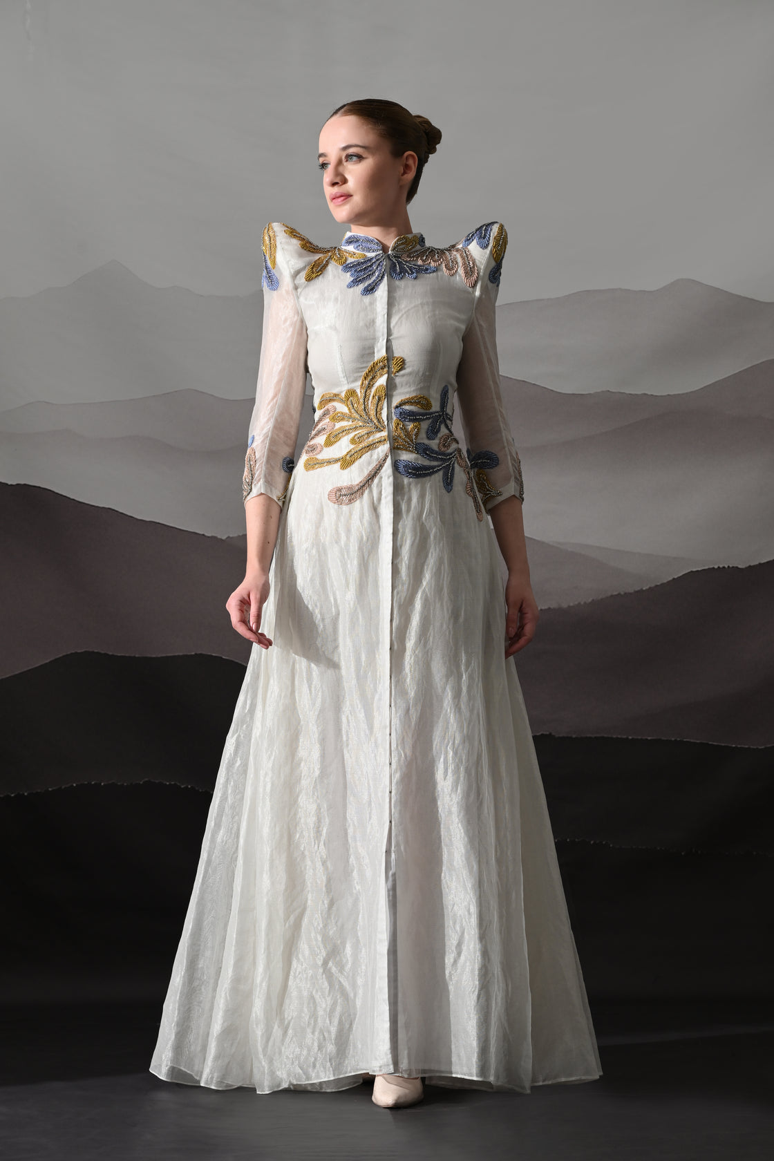 White Gown with Artisanal Floral Embroidery and Structured Silhouette