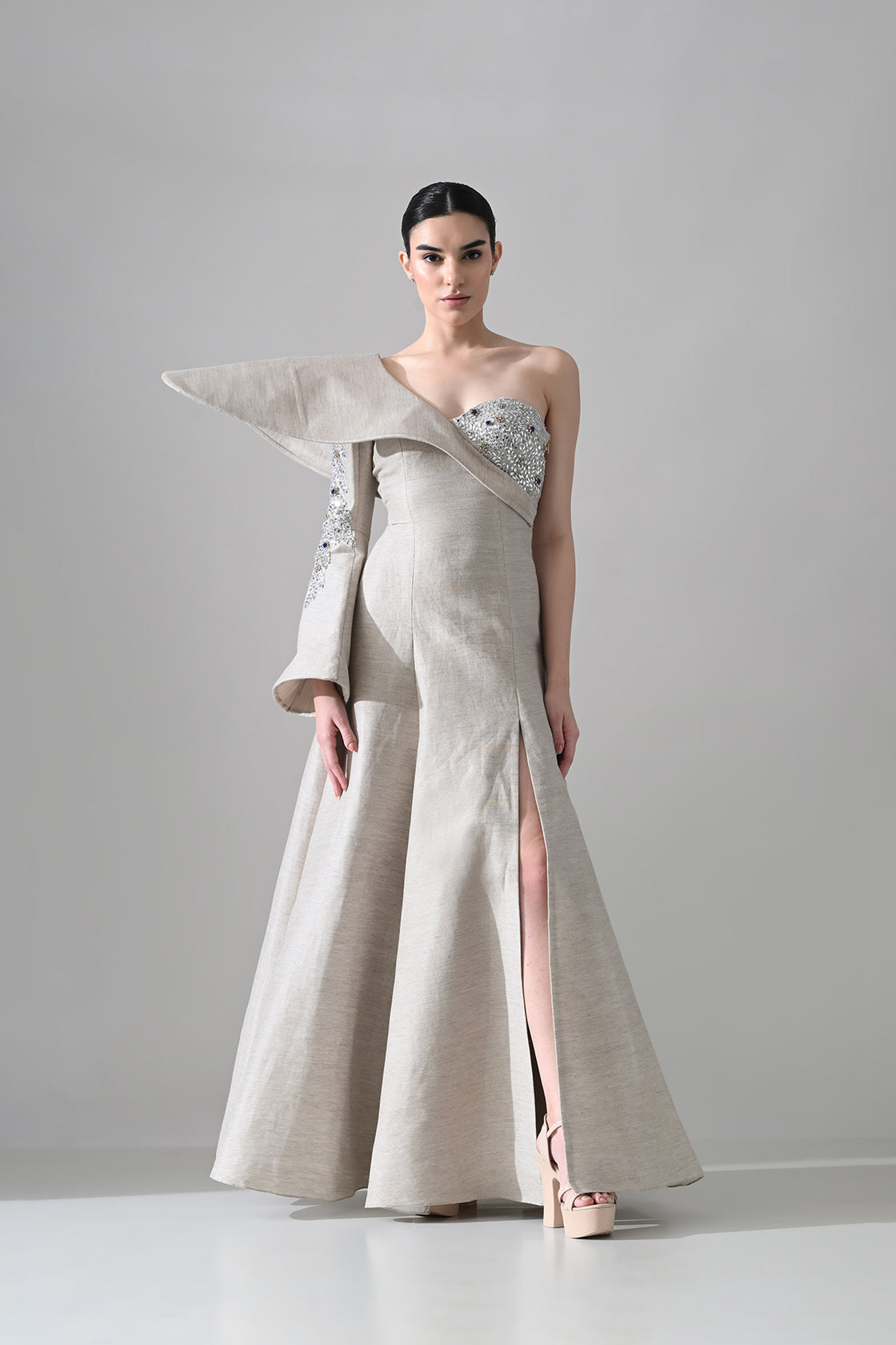One-Shoulder Architectural Gown With Crystal Detailing