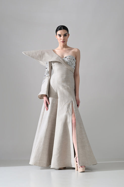 One-Shoulder Architectural Gown With Crystal Detailing