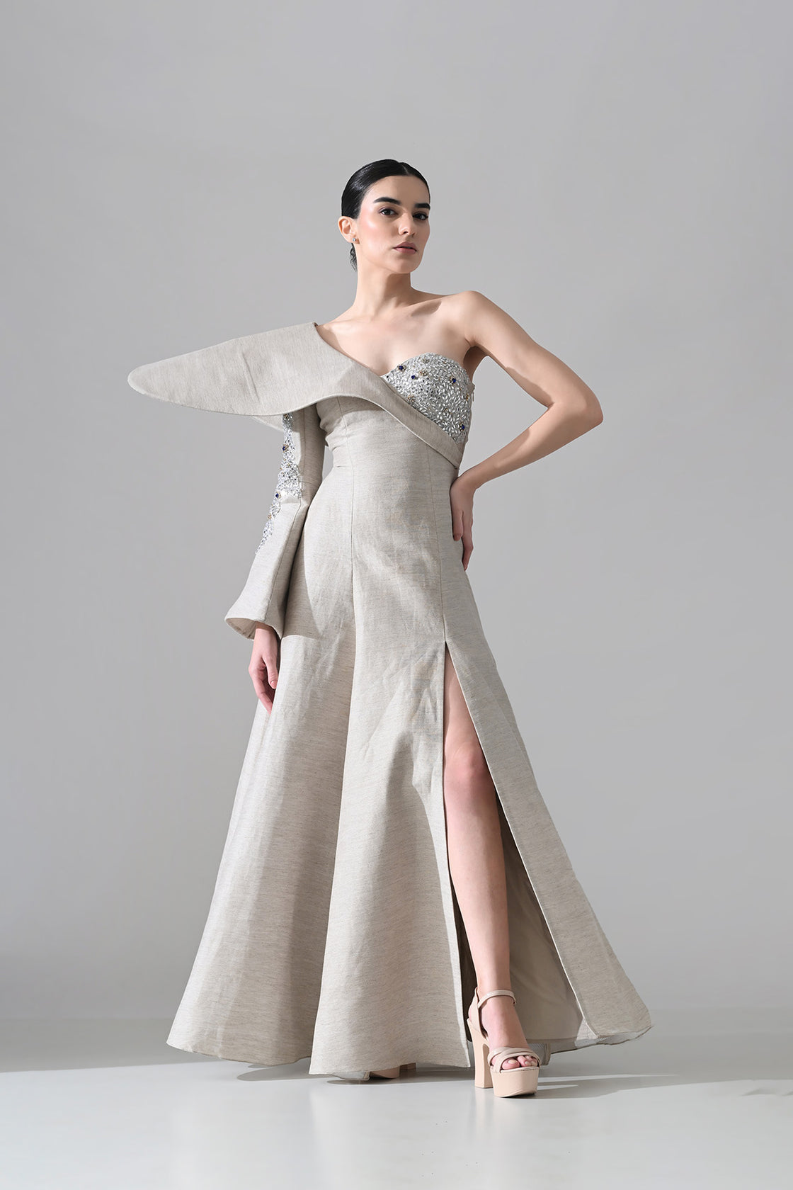 One-Shoulder Architectural Gown With Crystal Detailing