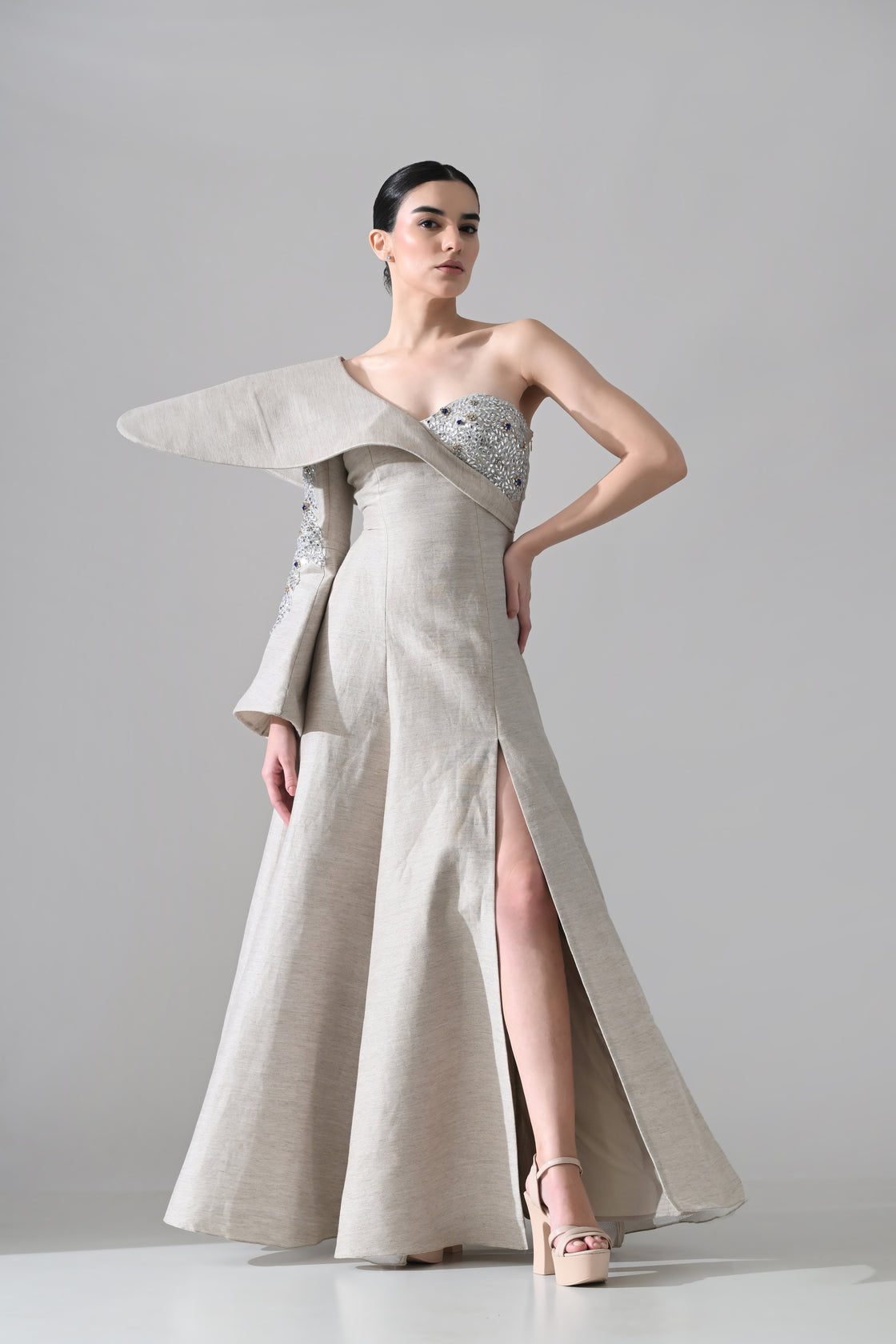 One-Shoulder Architectural Gown with Crystal Detailing