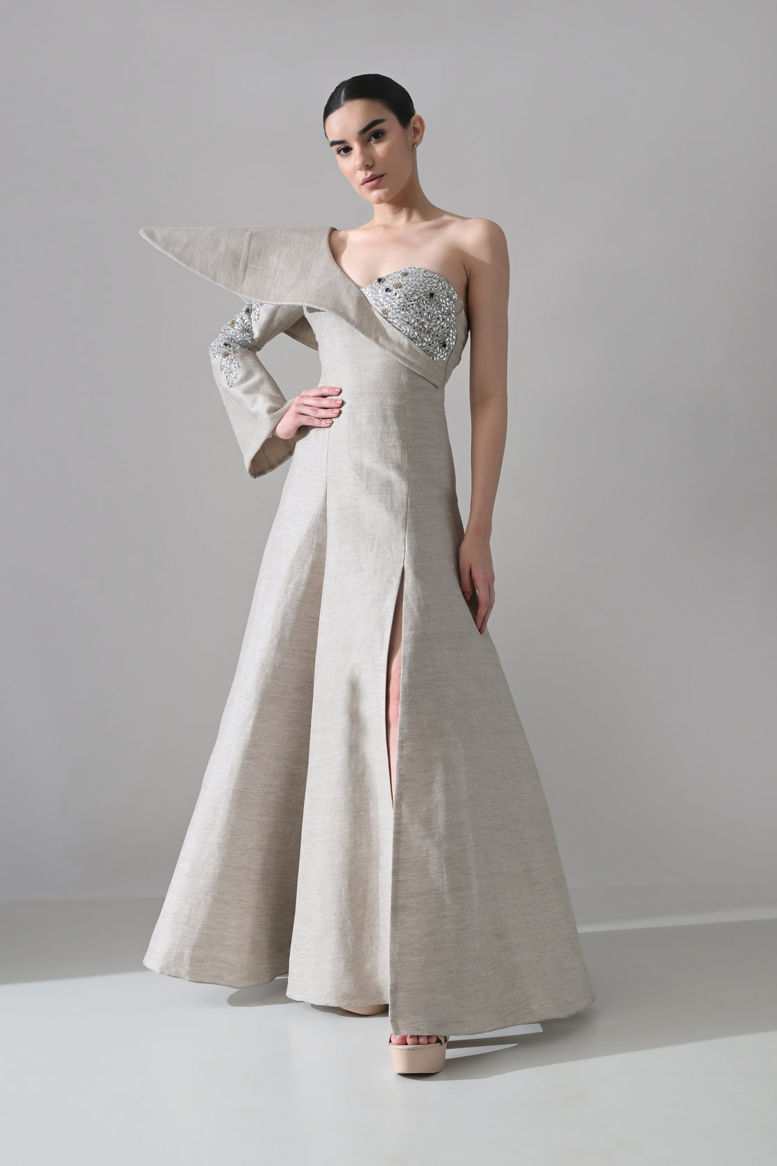 One-Shoulder Architectural Gown with Crystal Detailing