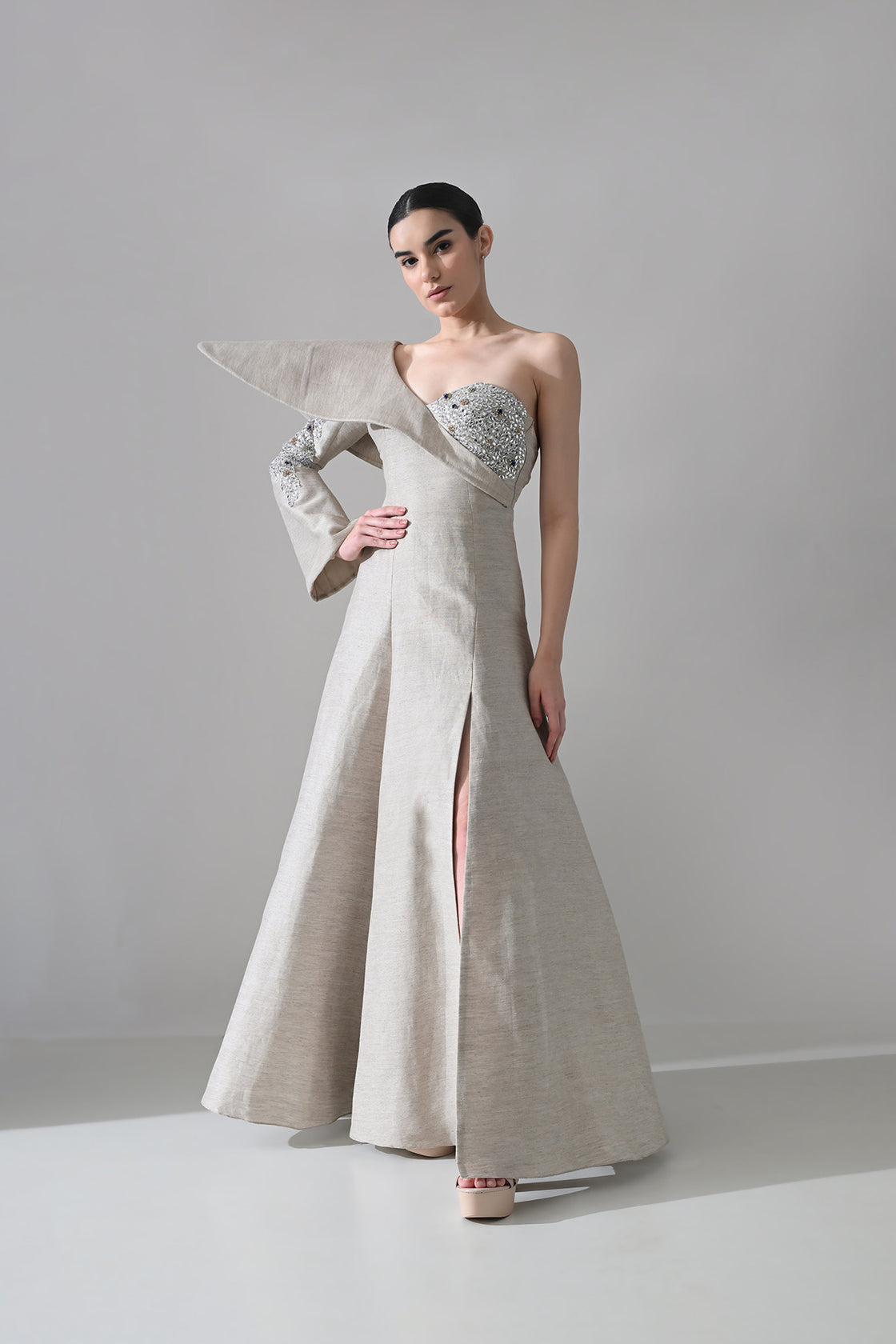 One-Shoulder Architectural Gown With Crystal Detailing