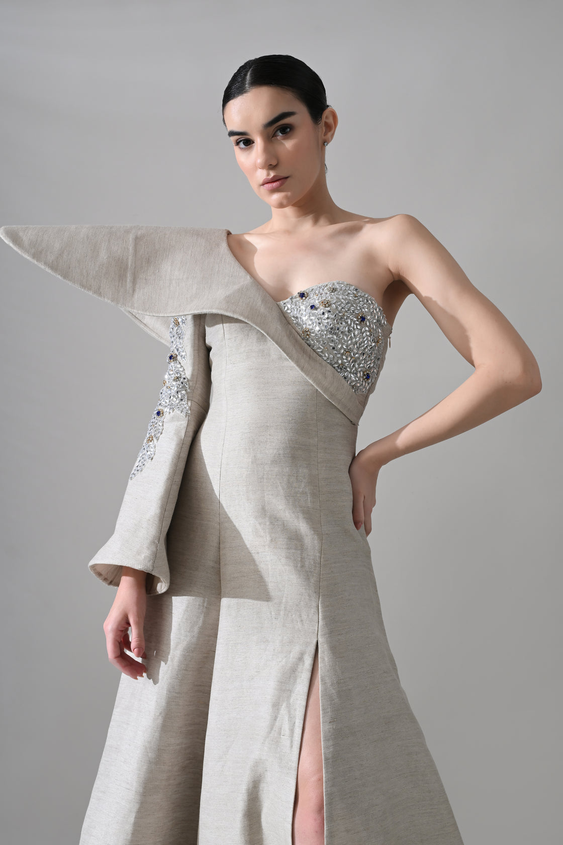 One-Shoulder Architectural Gown with Crystal Detailing