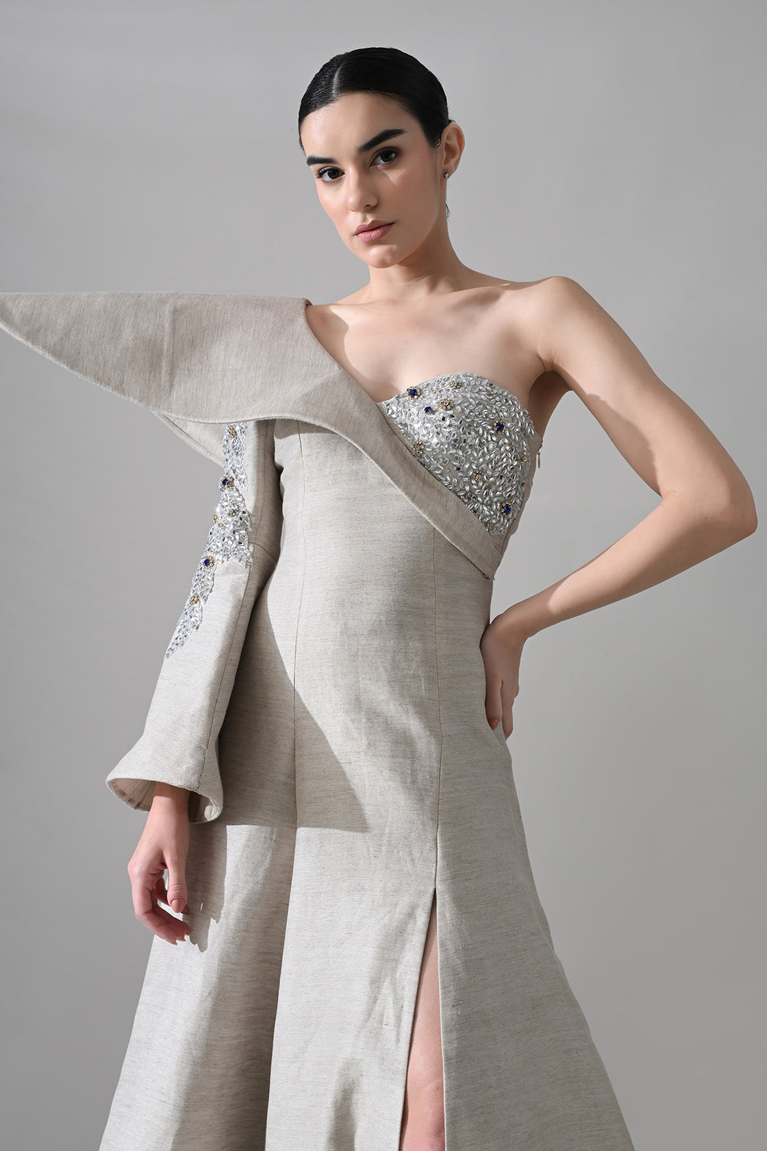 One-Shoulder Architectural Gown With Crystal Detailing