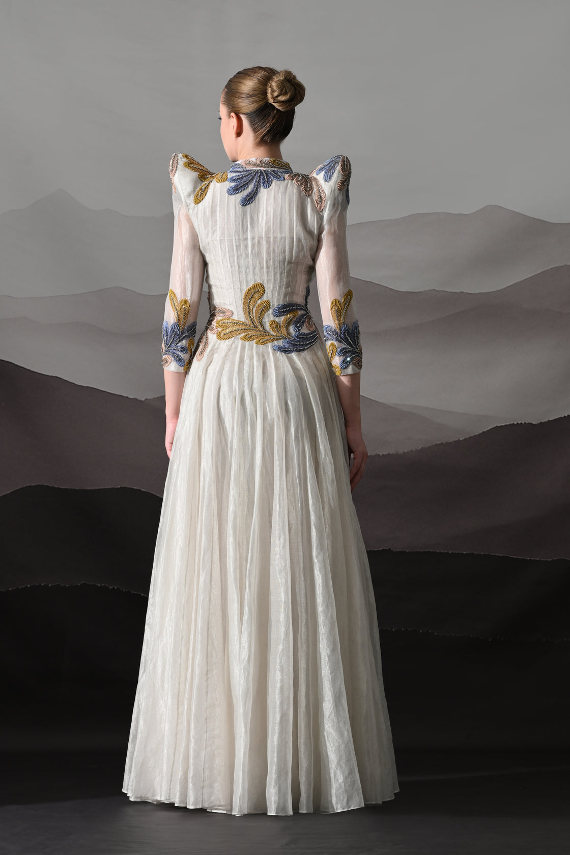 White Gown with Artisanal Floral Embroidery and Structured Silhouette