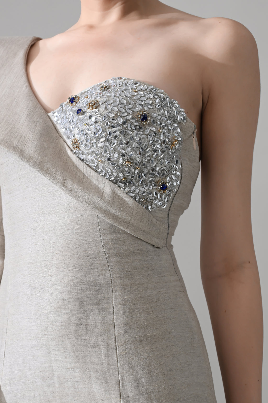 One-Shoulder Architectural Gown with Crystal Detailing
