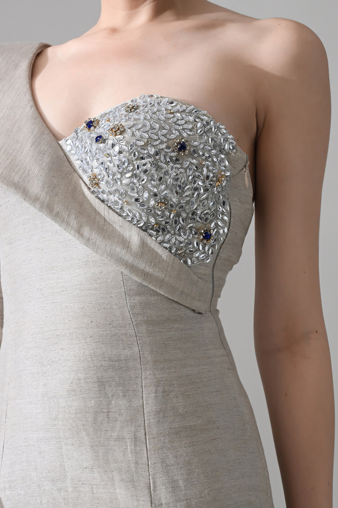 One-Shoulder Architectural Gown With Crystal Detailing