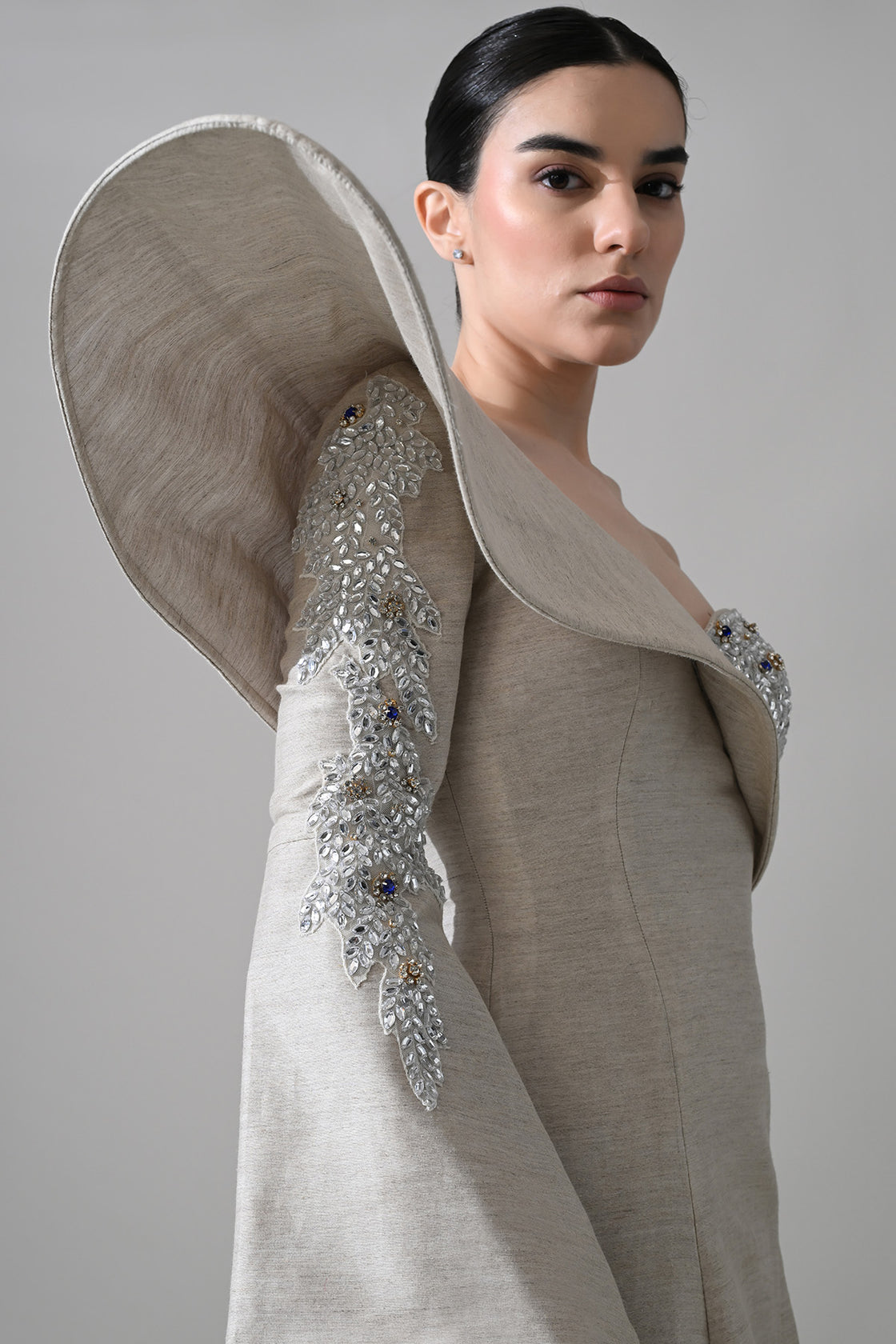 One-Shoulder Architectural Gown With Crystal Detailing