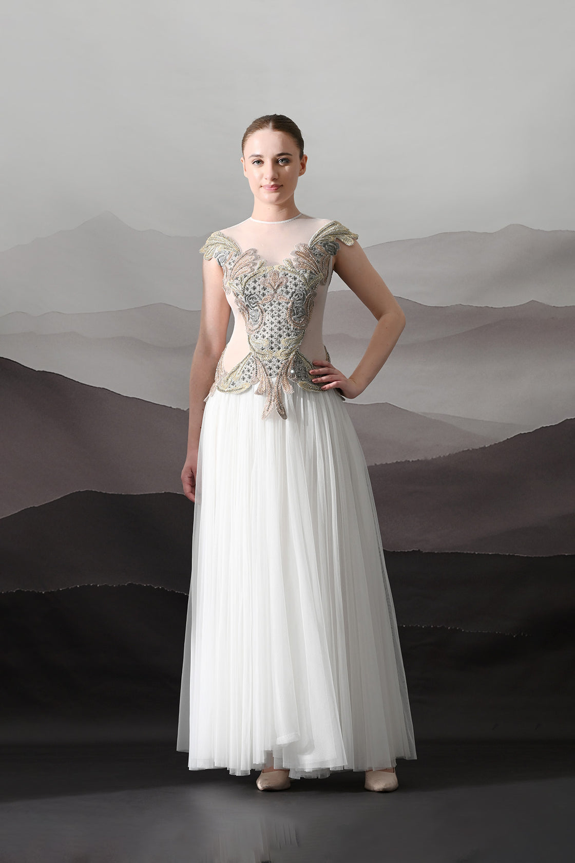 Ivory Gown With Hand-Embroidered Sculpted Bodice And Soft Pleated Bottom