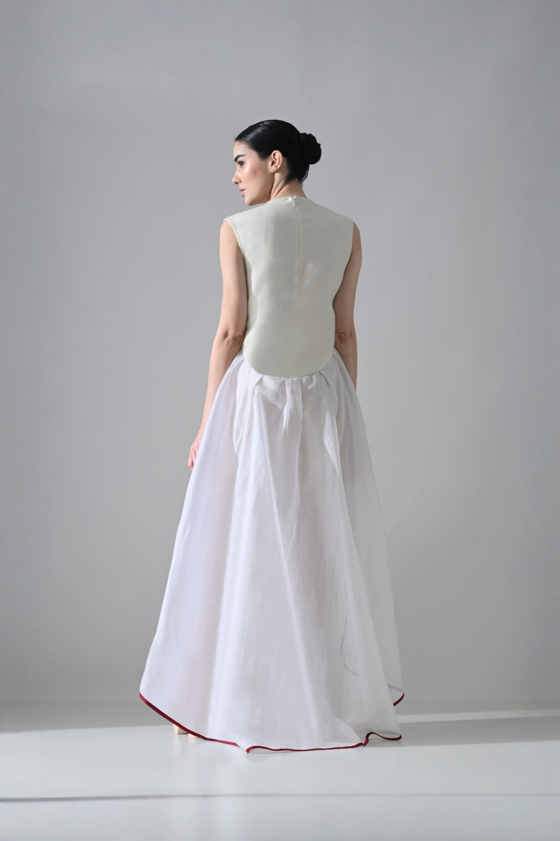 Ivory-White High Low Dress With Ornate And Layered Hem Detail