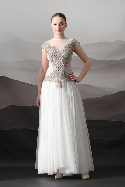 Ivory Gown with Hand-Embroidered Sculpted Bodice and Soft Pleated Ghera