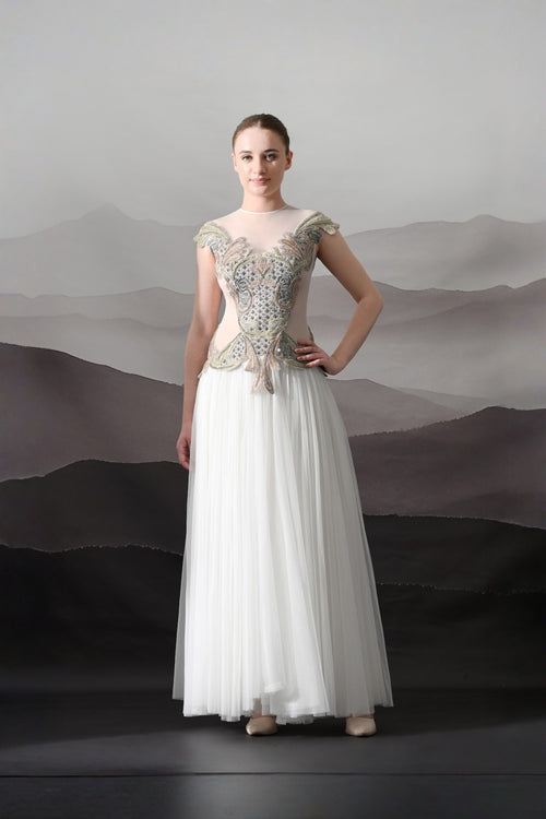 Ivory Gown With Hand-Embroidered Sculpted Bodice And Soft Pleated Bottom