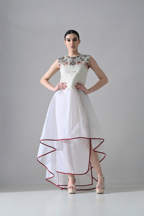 Ivory-White High Low Dress With Ornate And Layered Hem Detail