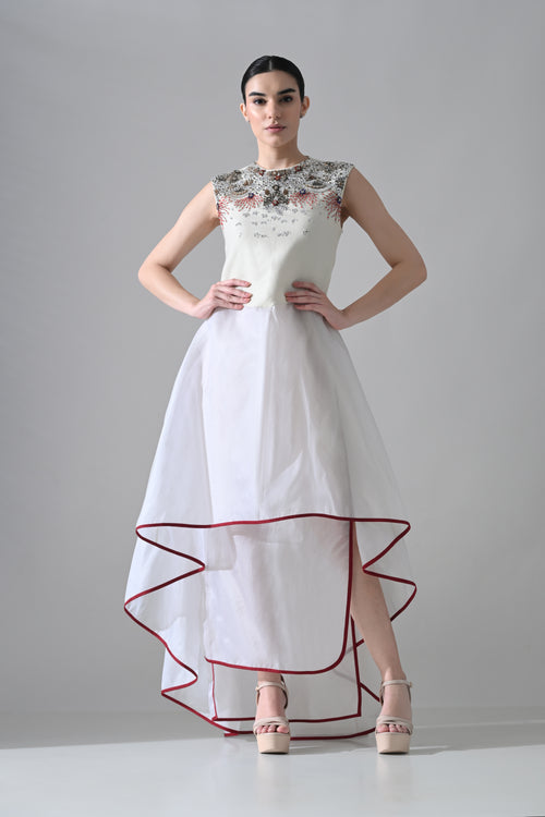 Ivory-White Dress with Ornate Handwork and Layered Hem Detail