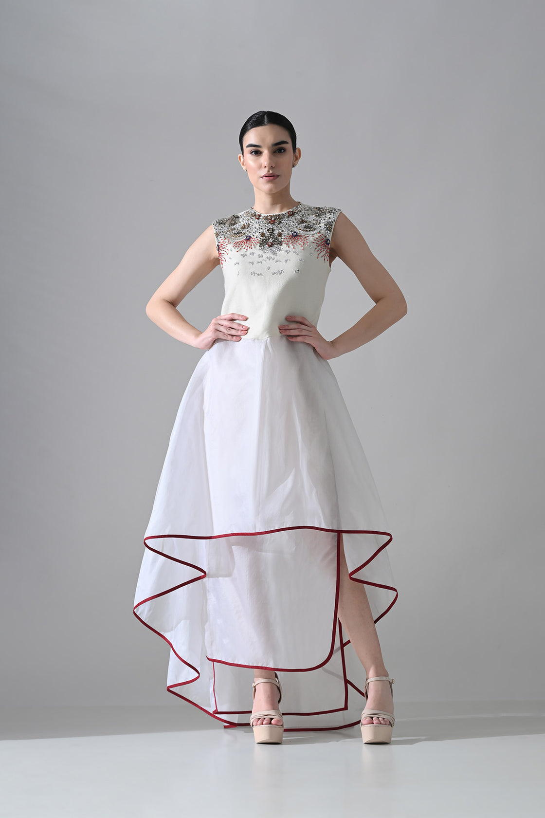 Ivory-White High Low Dress With Ornate And Layered Hem Detail