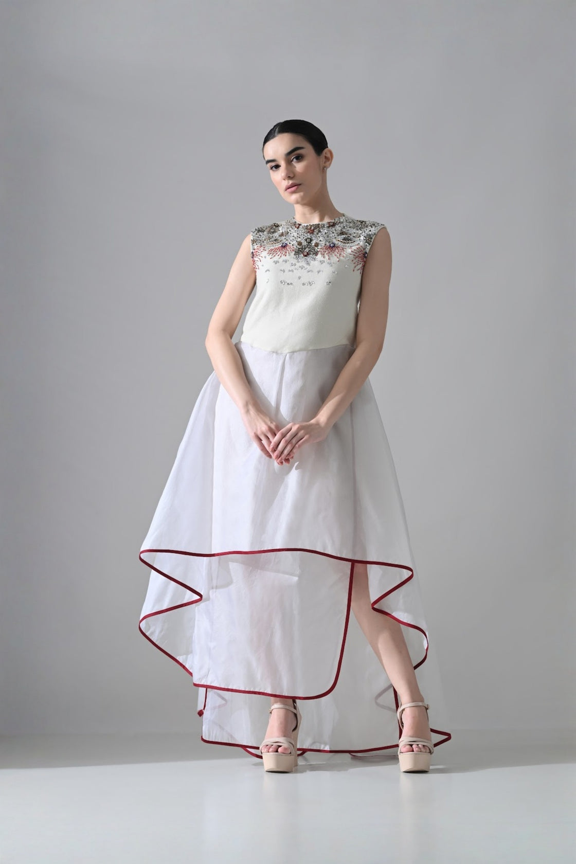Ivory-White High Low Dress With Ornate And Layered Hem Detail