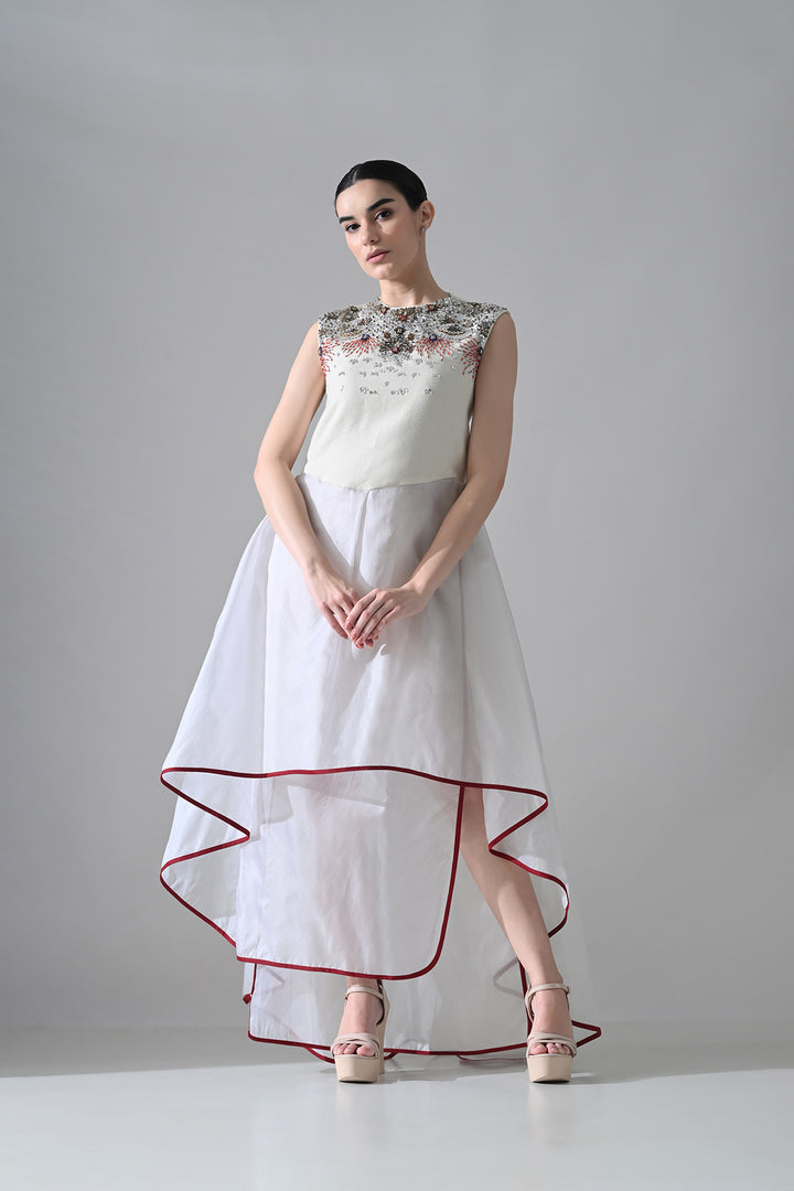 Ivory-White High Low Dress With Ornate And Layered Hem Detail