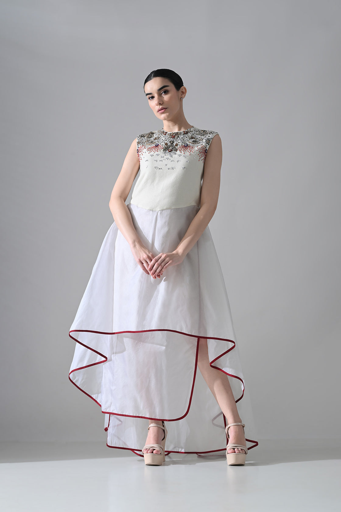 Ivory-White High Low Dress With Ornate And Layered Hem Detail