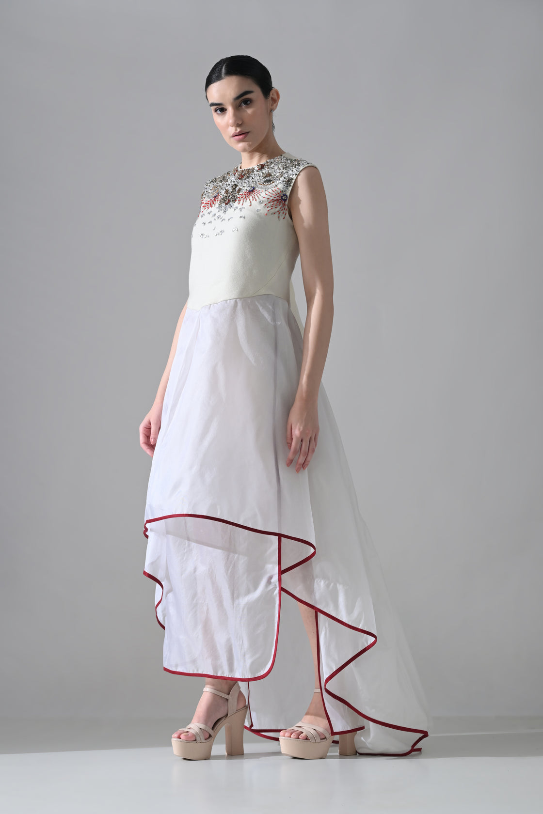 Ivory-White Dress with Ornate Handwork and Layered Hem Detail
